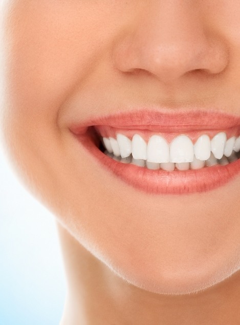 Close up of person with straight white teeth smiling brightly