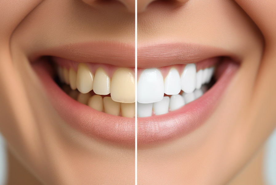 Close up of woman's smile half yellow teeth, half white teeth